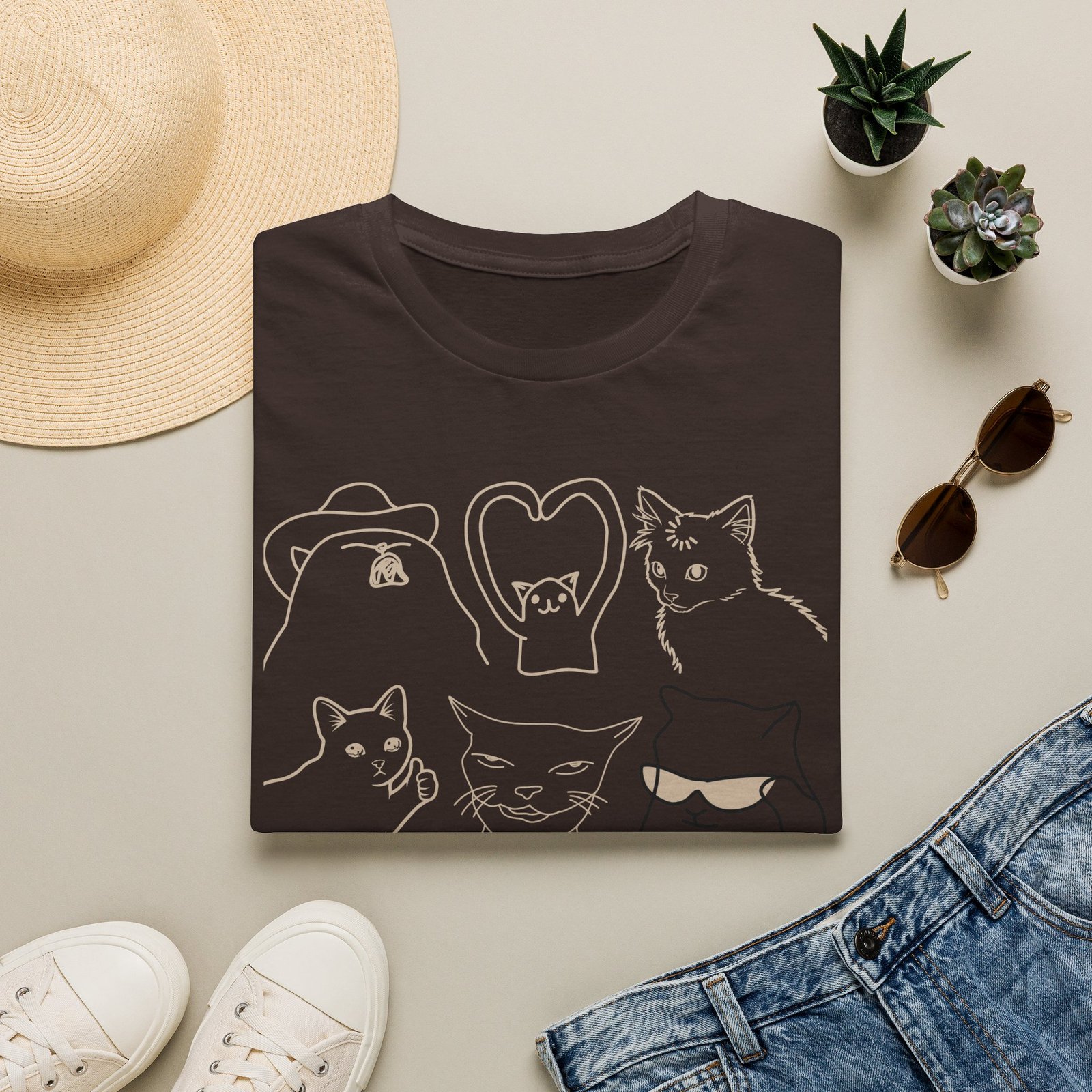 Funny Cats Vintage Line Art T-Shirt - Image 2