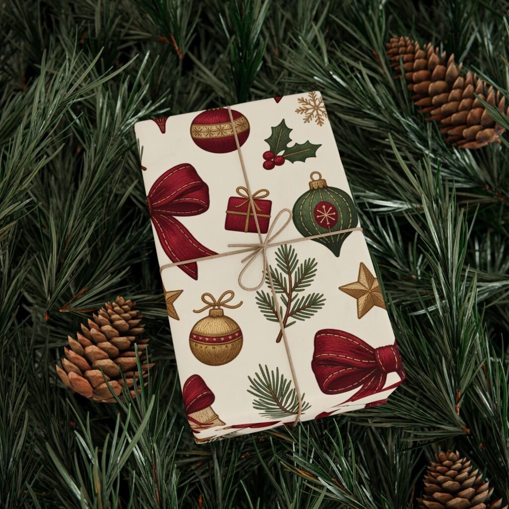 Vintage Christmas wrapping paper with red bows