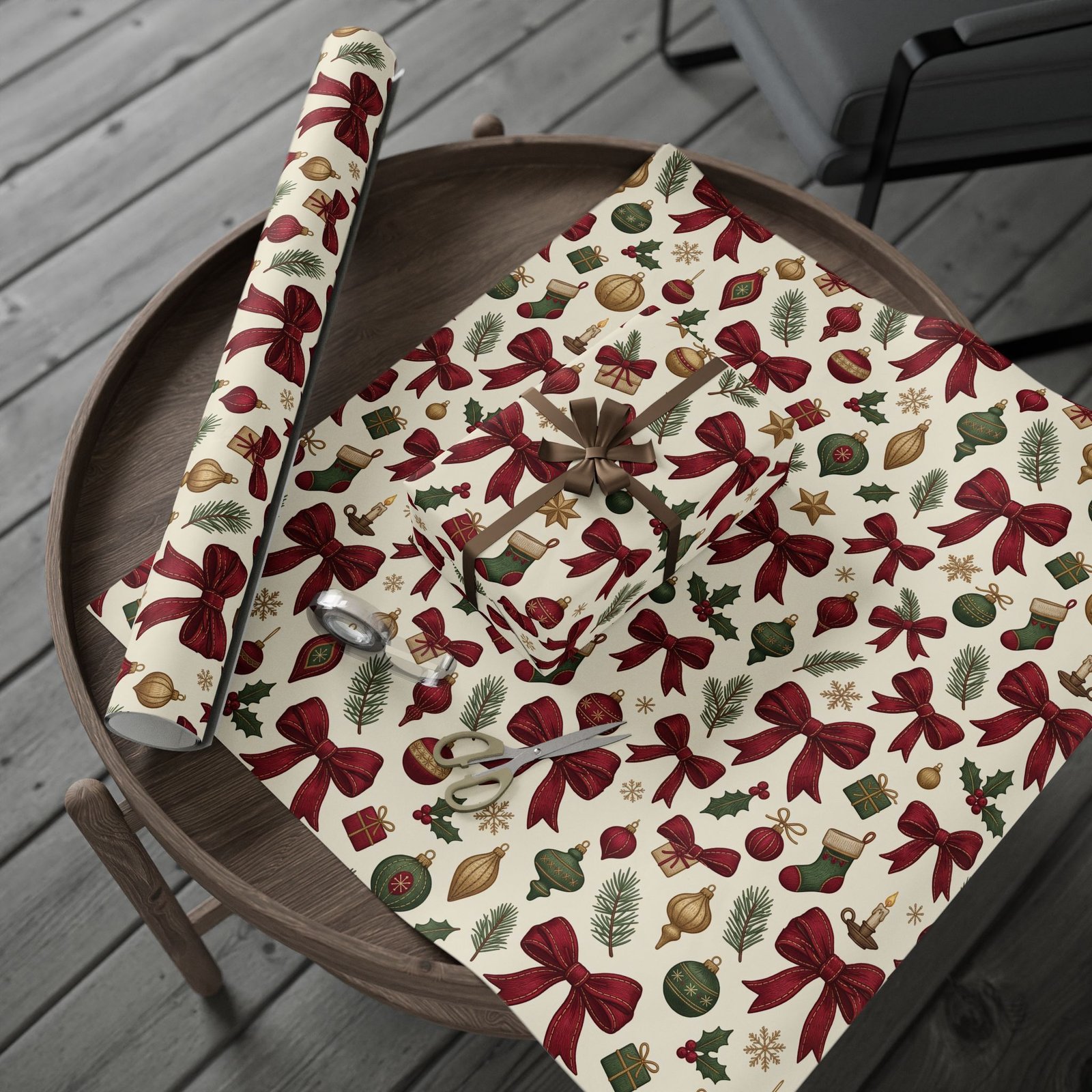 Christmas wrapping paper with ornaments and bows