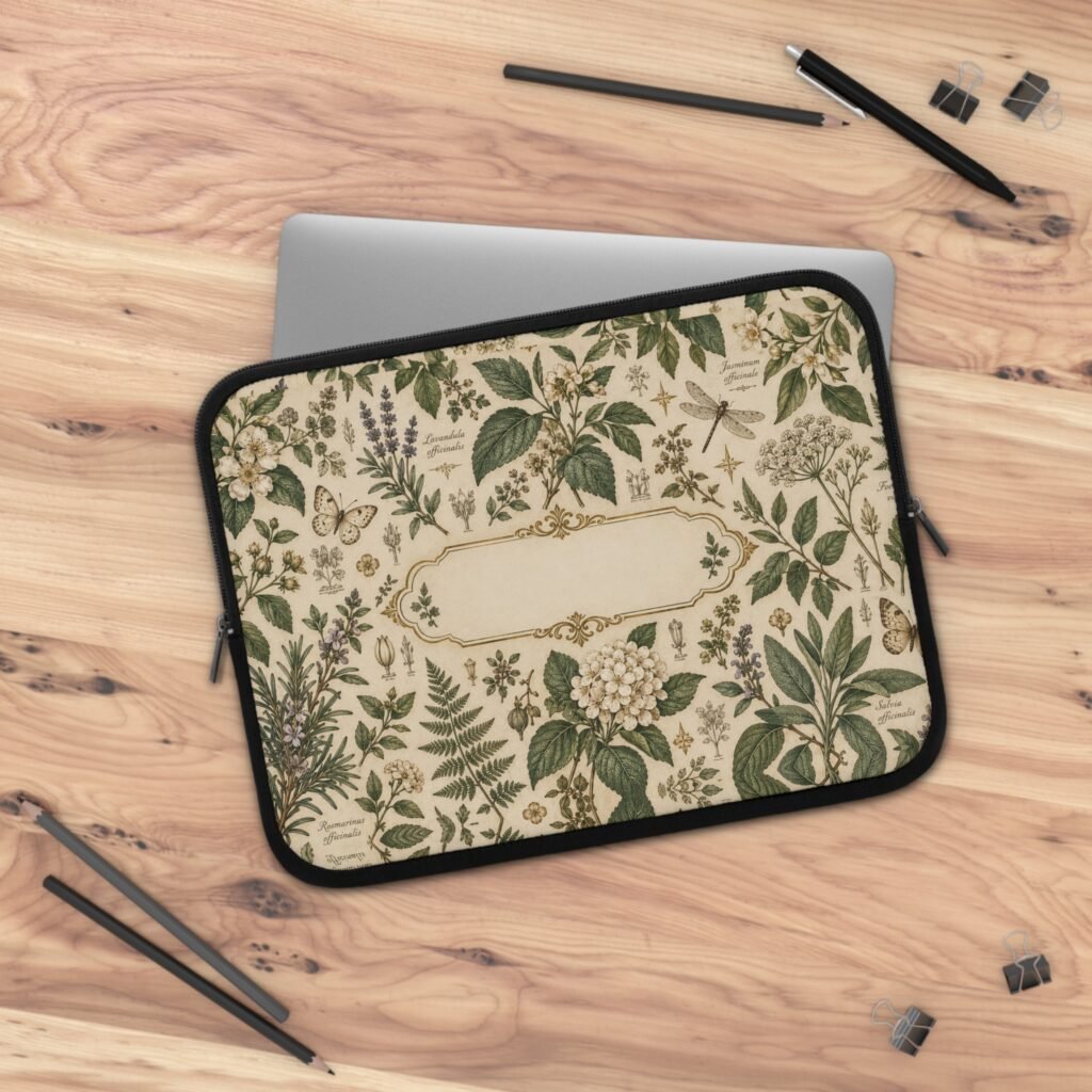 Personalized botanical laptop sleeve with vintage herbarium design