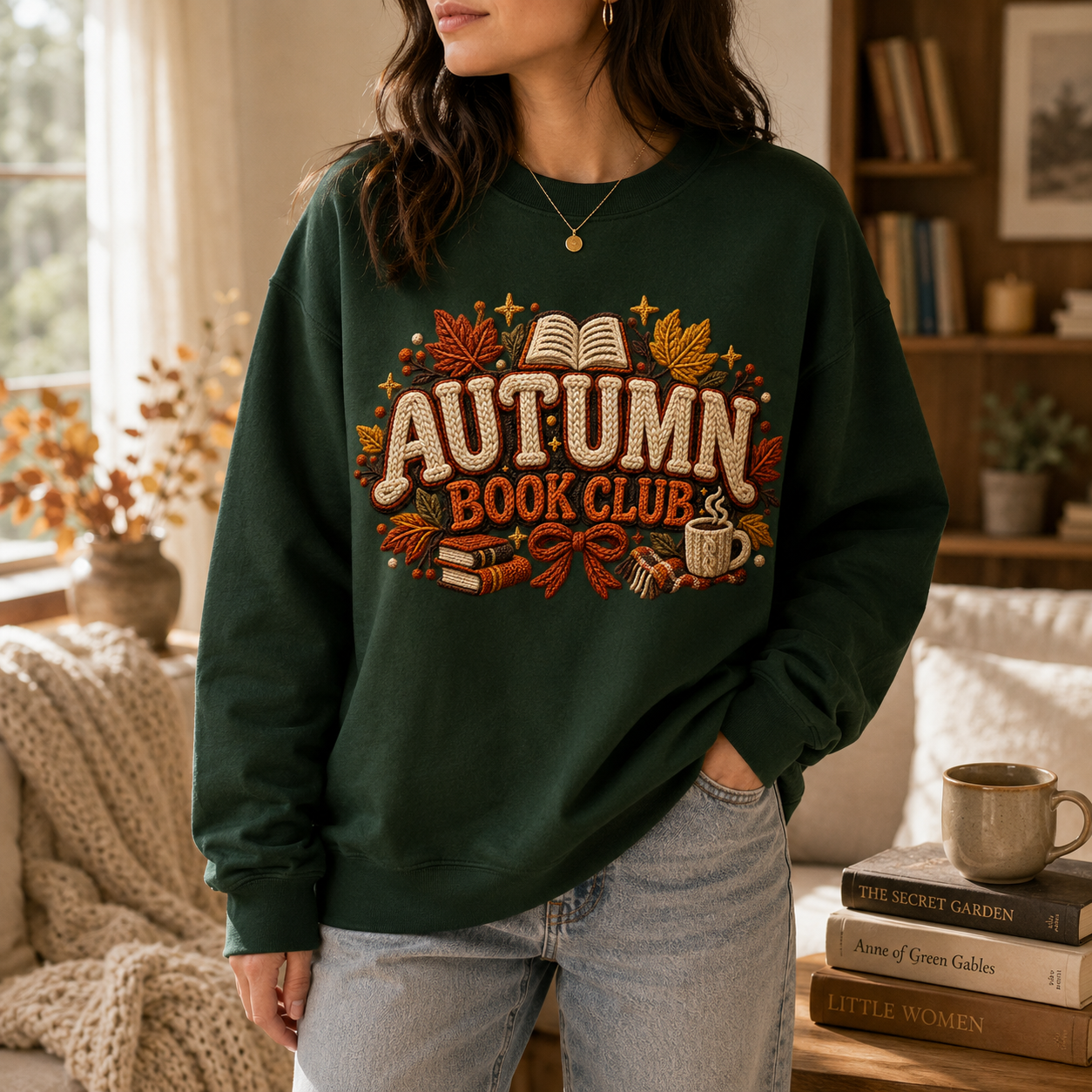 Autumn Book Club Sweatshirt with faux knit book lover design