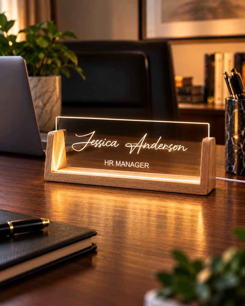 Personalized LED acrylic desk plaque with wooden base