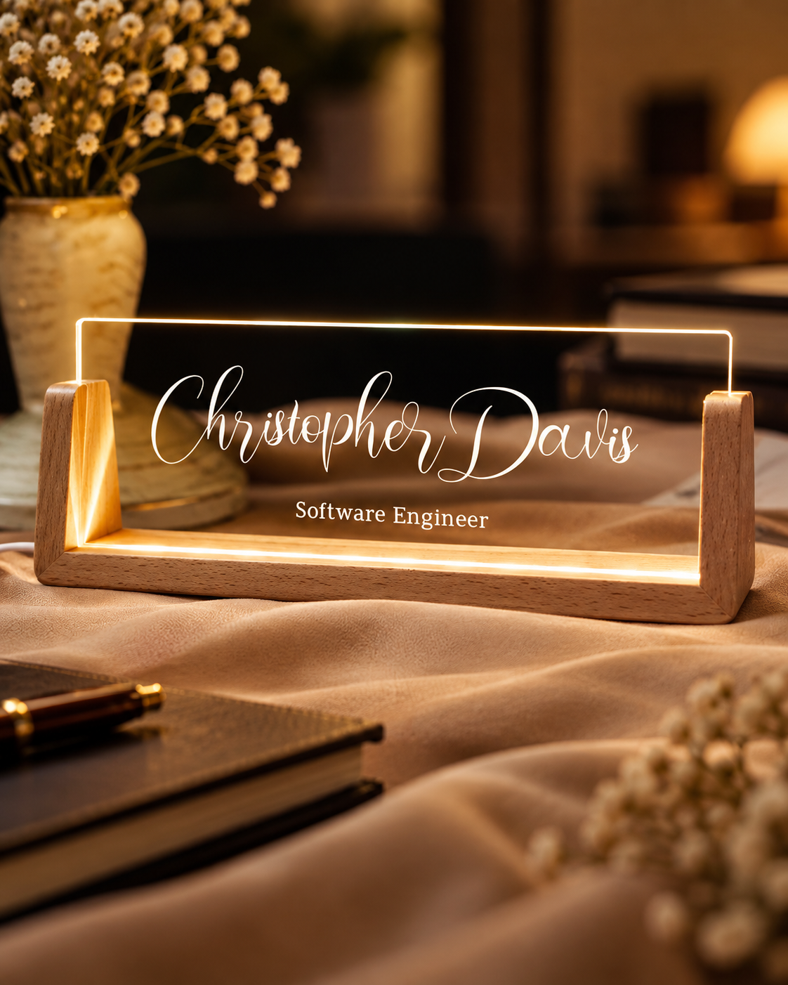 Custom acrylic desk name sign with wooden base