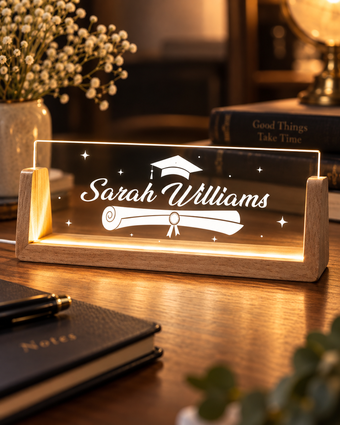Personalized office desk plaque illuminated