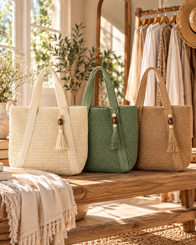 Woven tote bag for women with tassel detail in cream, green, and brown