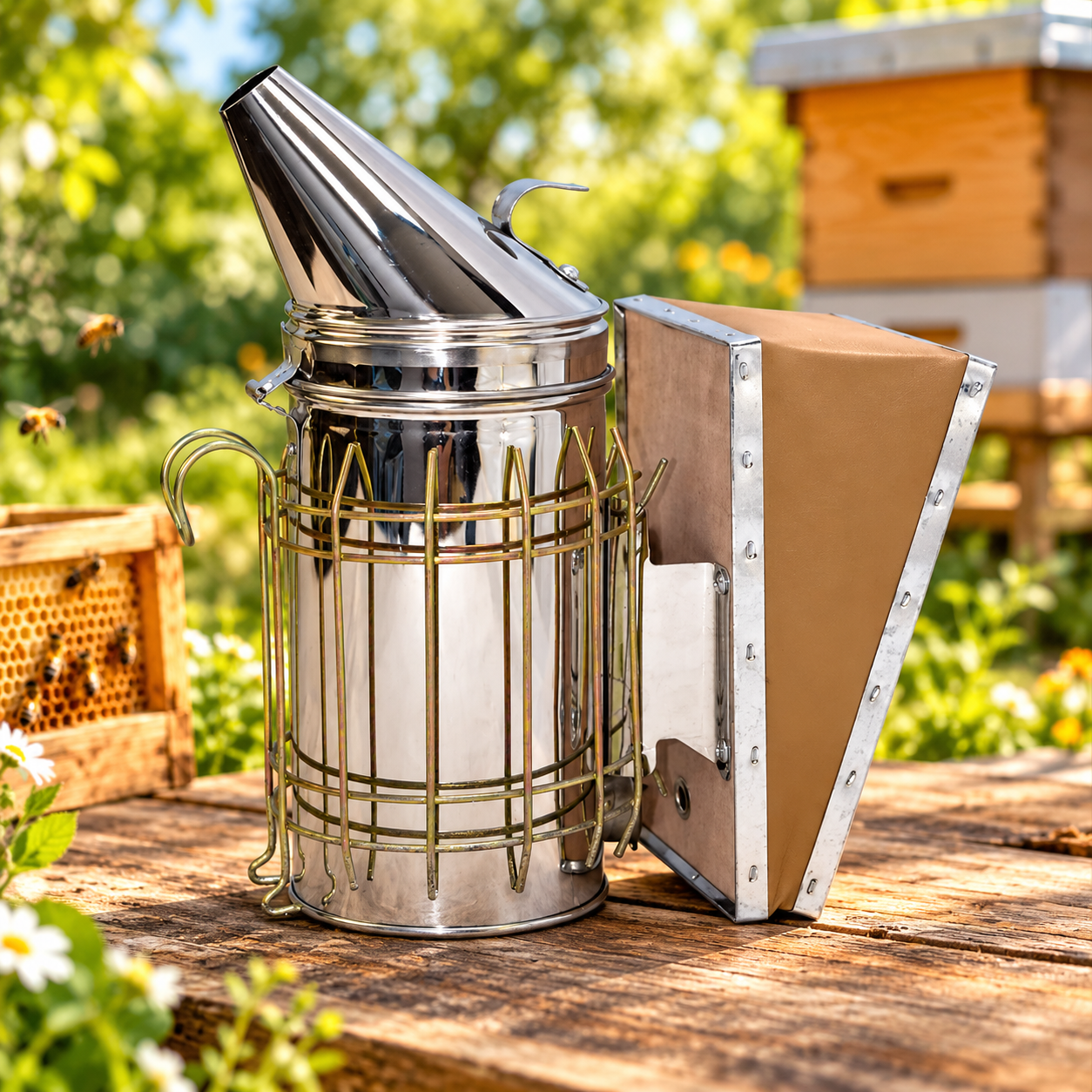 Bee smoker being used during beehive inspection