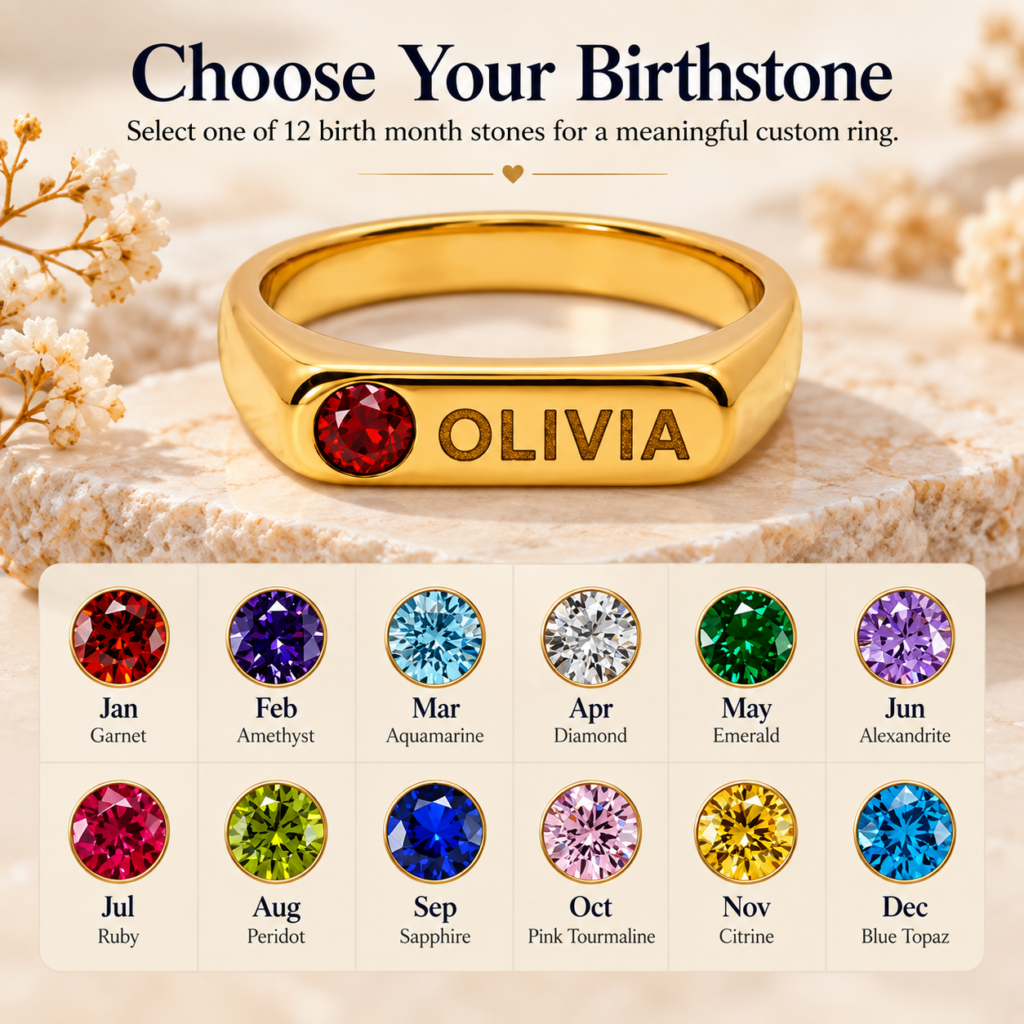 Personalized birthstone name ring with custom engraving