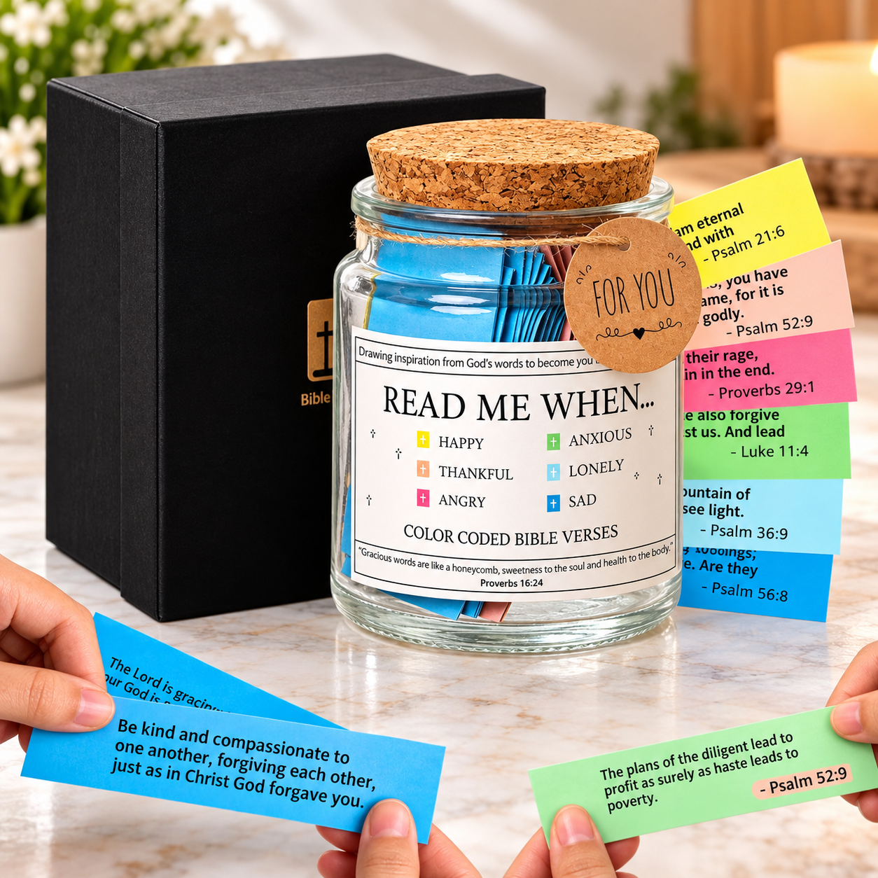 Glass Quran verse jar with colorful emotion cards