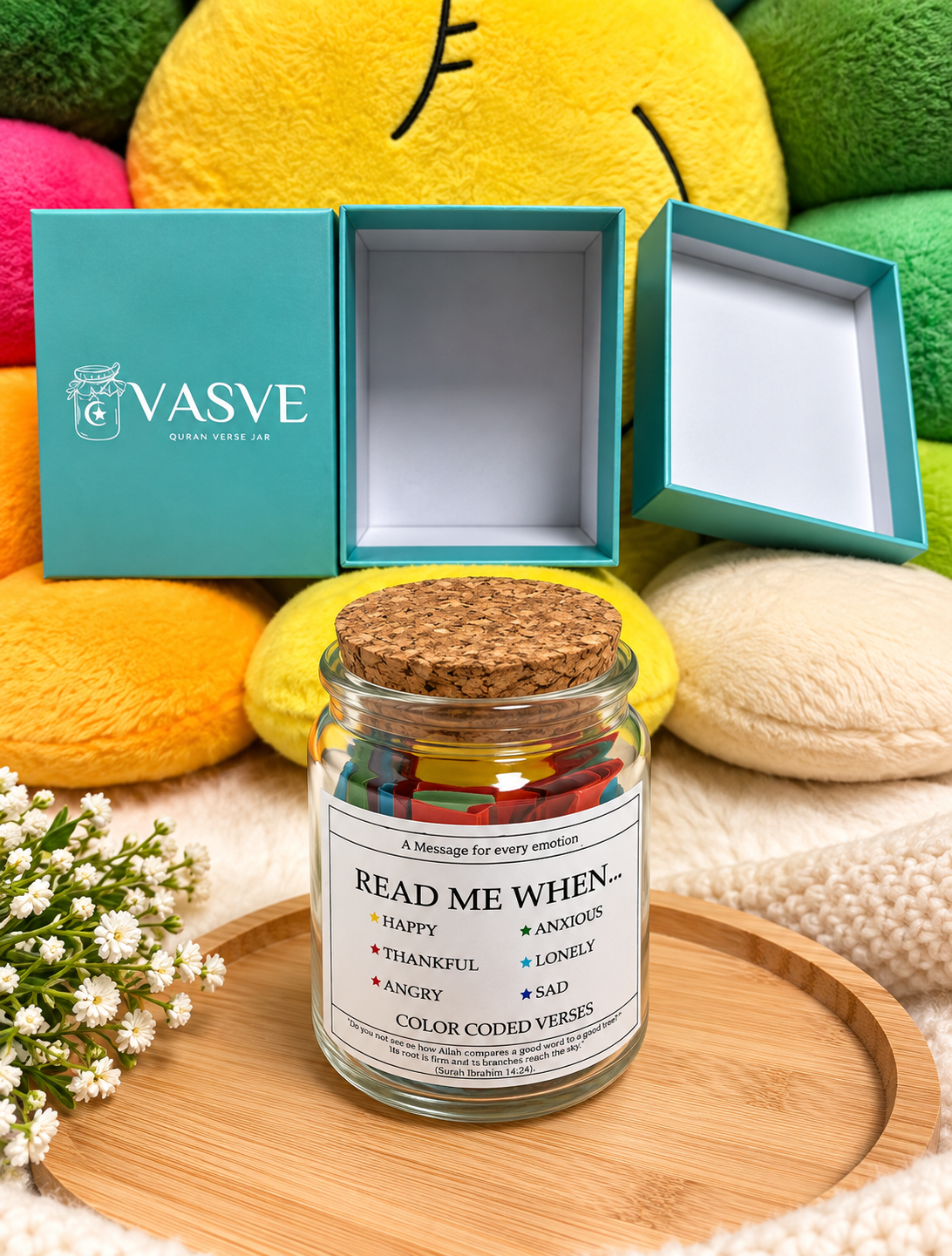 Color coded Quran verse cards in glass jar