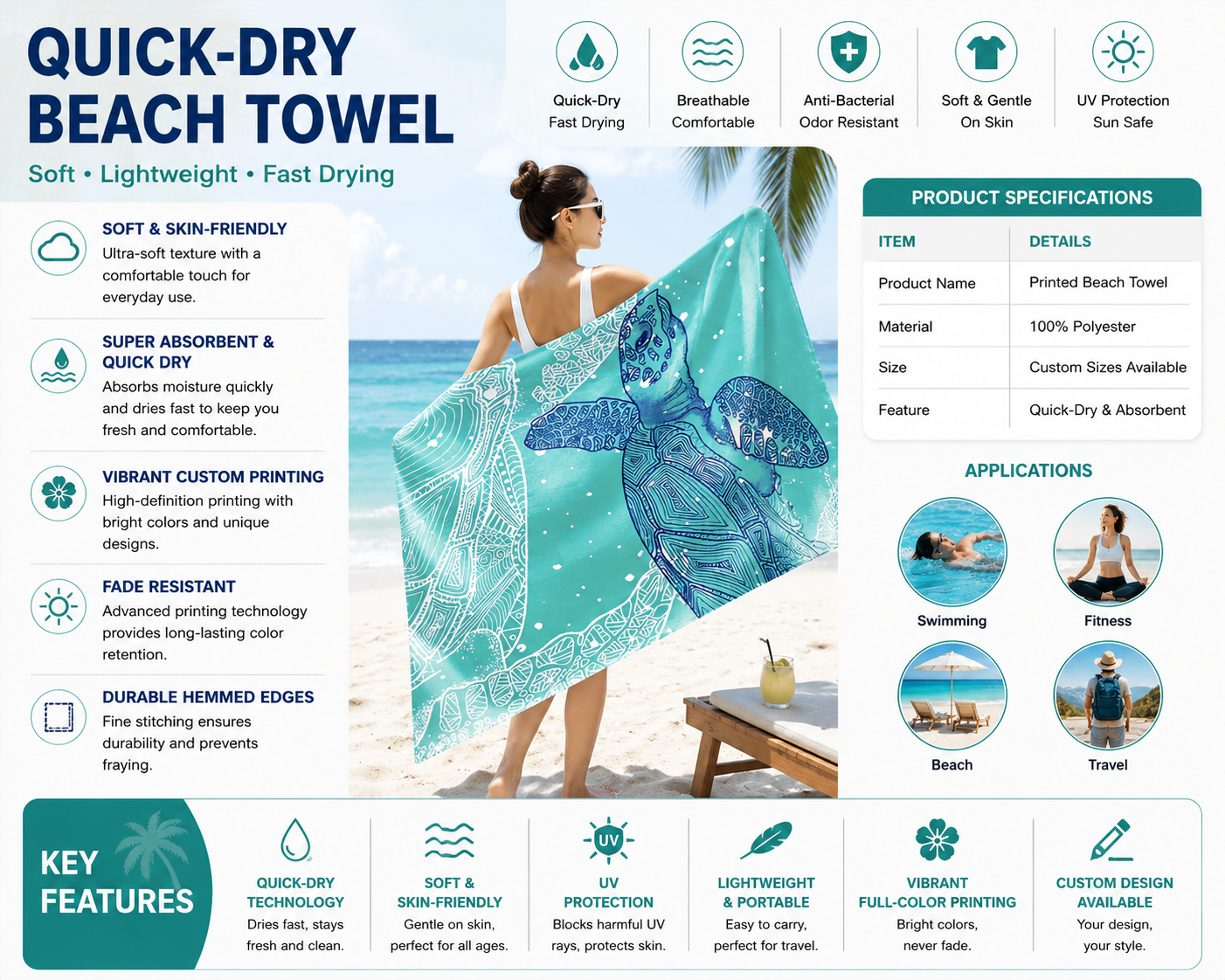 custom beach towel available in three sizes